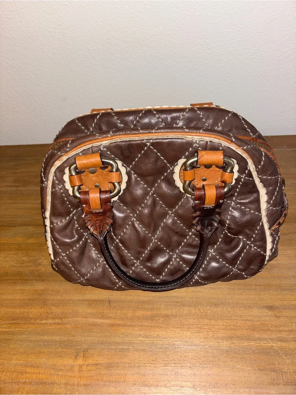 Juicy Couture Quilted Dark Brown Satchel with Tan Accents